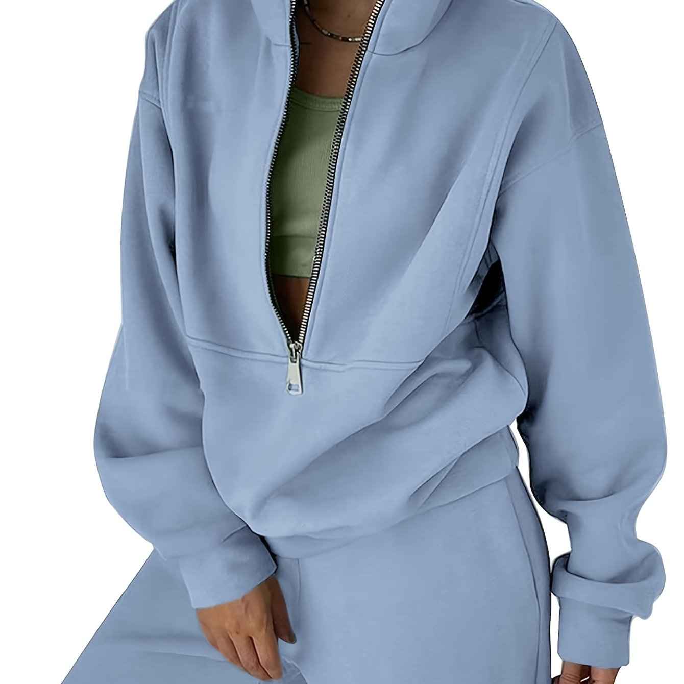 Womens Solid Color Fleece Jogger Set  HalfZip Top  Pants