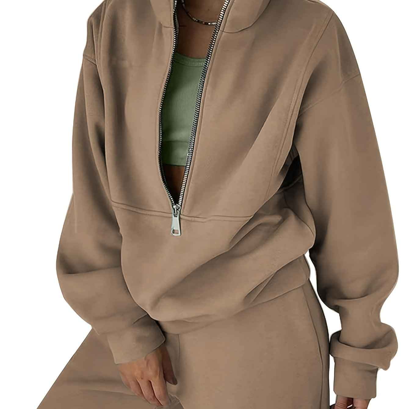 Womens Solid Color Fleece Jogger Set  HalfZip Top  Pants
