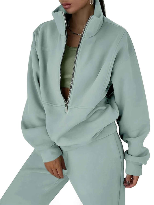 Womens Solid Color Fleece Jogger Set  HalfZip Top  Pants
