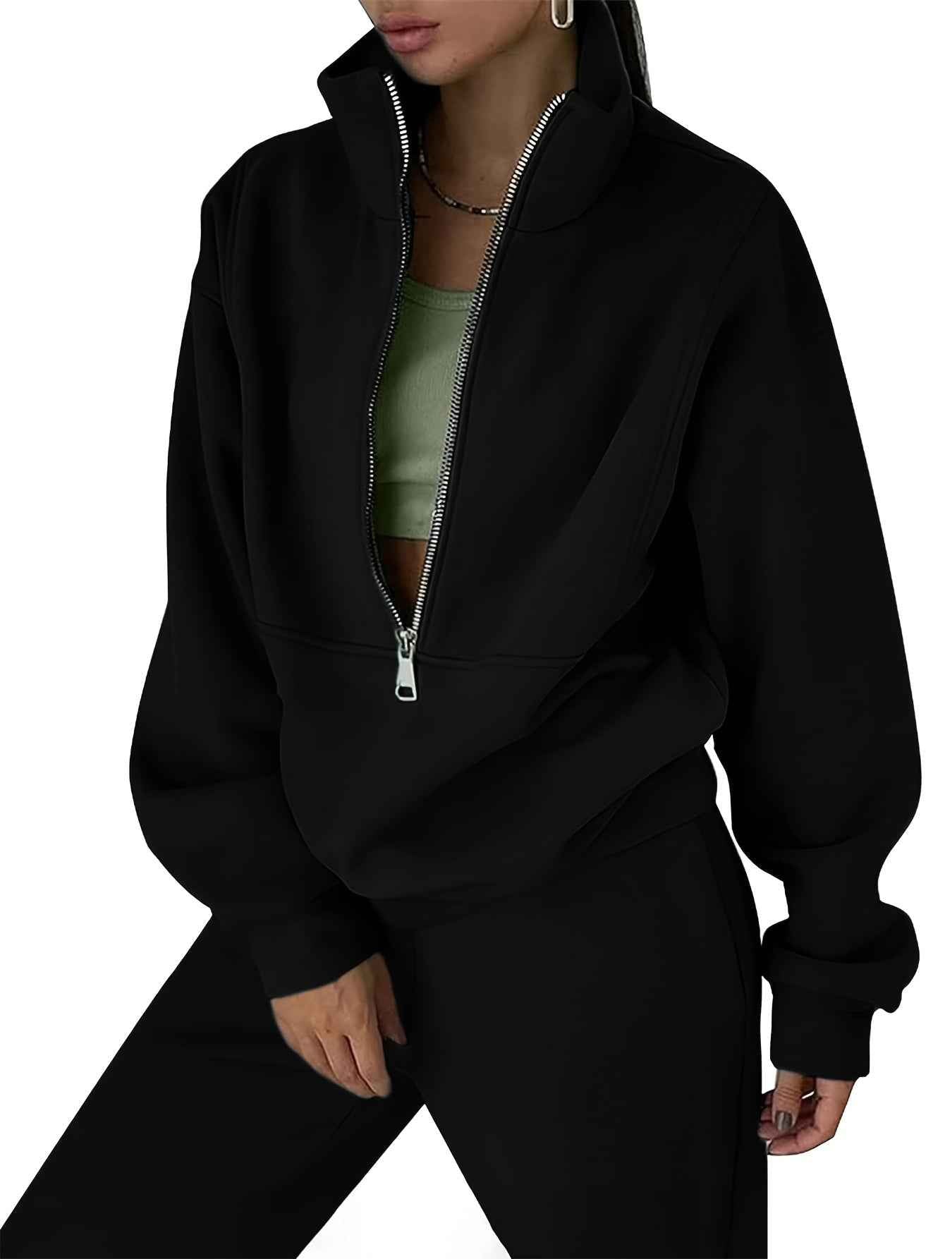 Womens Solid Color Fleece Jogger Set  HalfZip Top  Pants