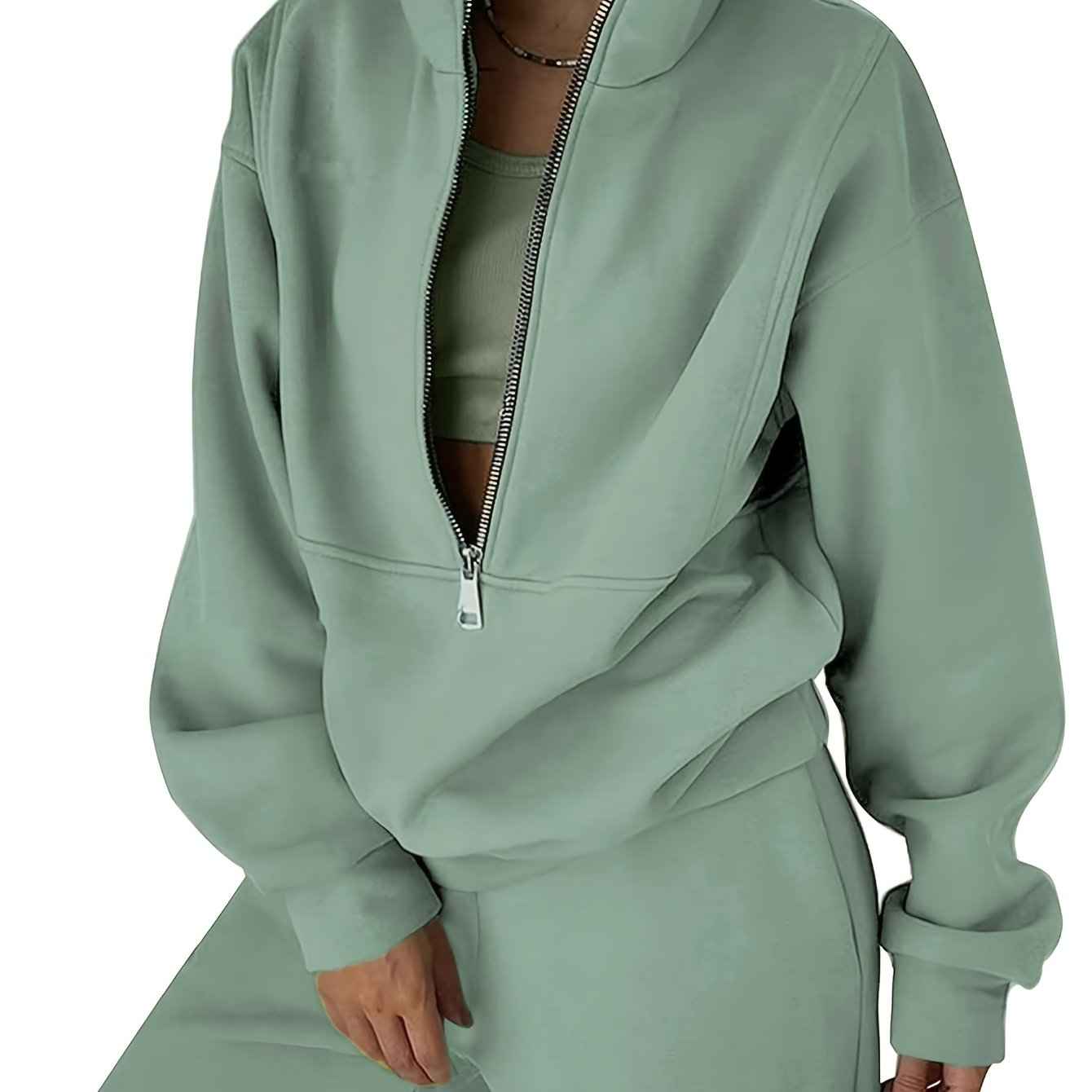 Womens Solid Color Fleece Jogger Set  HalfZip Top  Pants