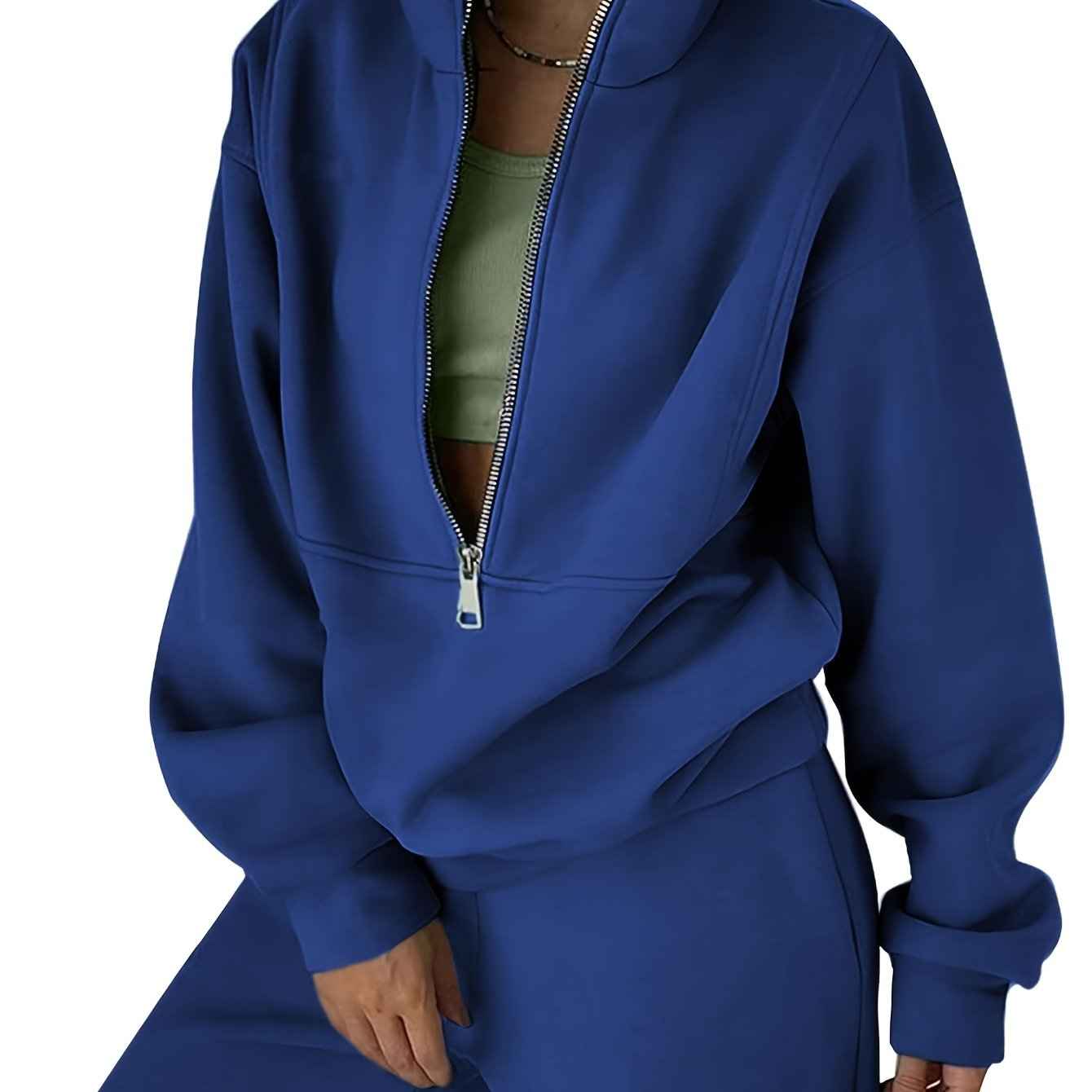 Womens Solid Color Fleece Jogger Set  HalfZip Top  Pants