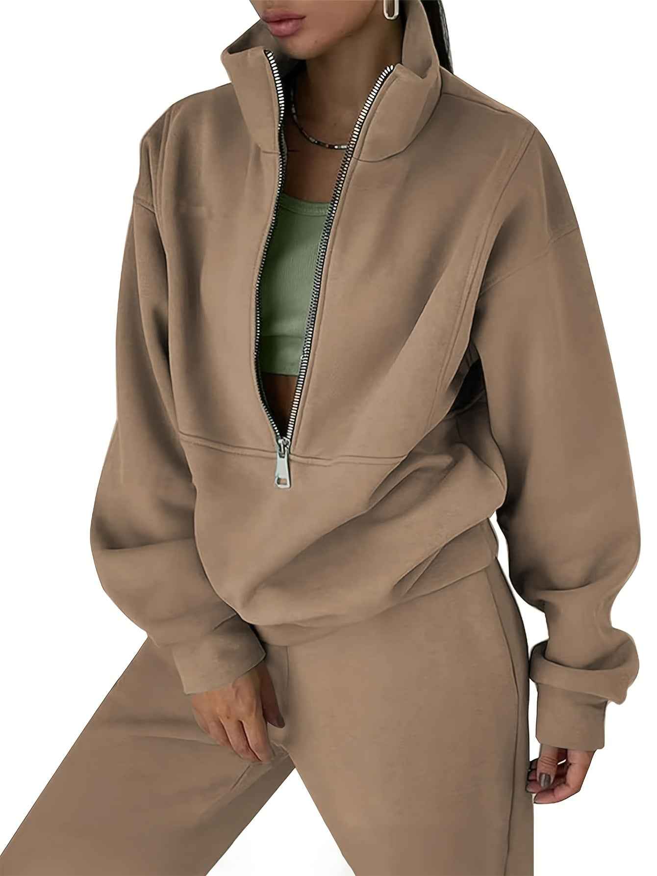 Womens Solid Color Fleece Jogger Set  HalfZip Top  Pants