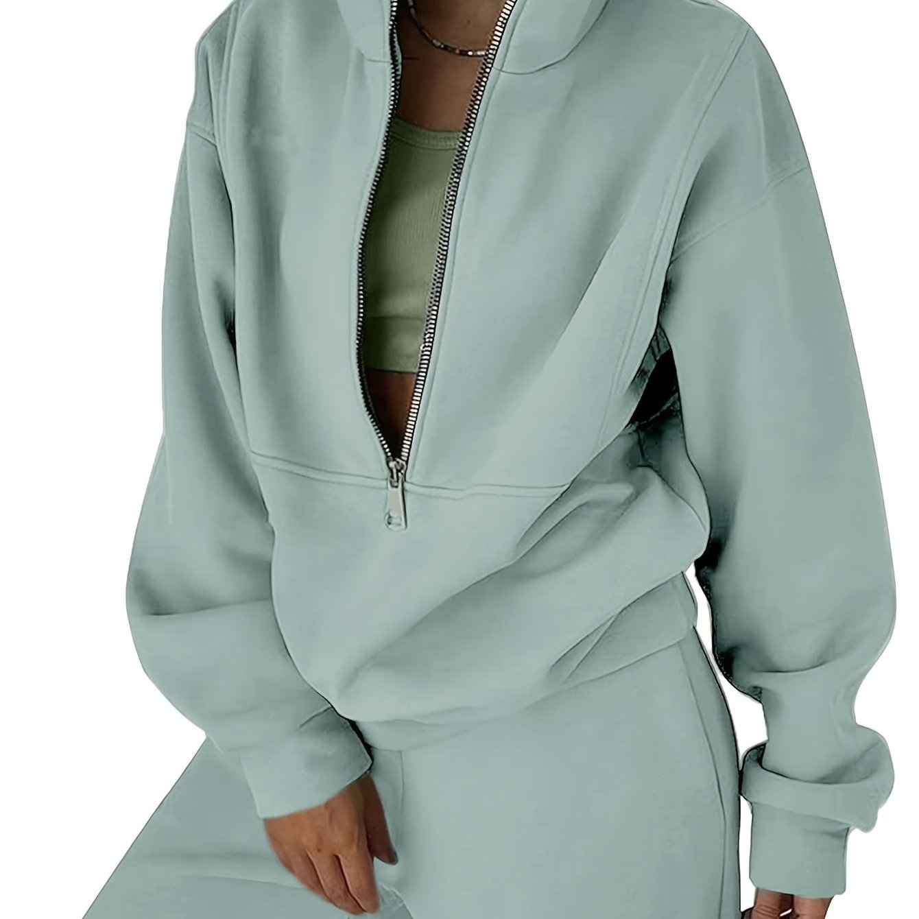 Womens Solid Color Fleece Jogger Set  HalfZip Top  Pants