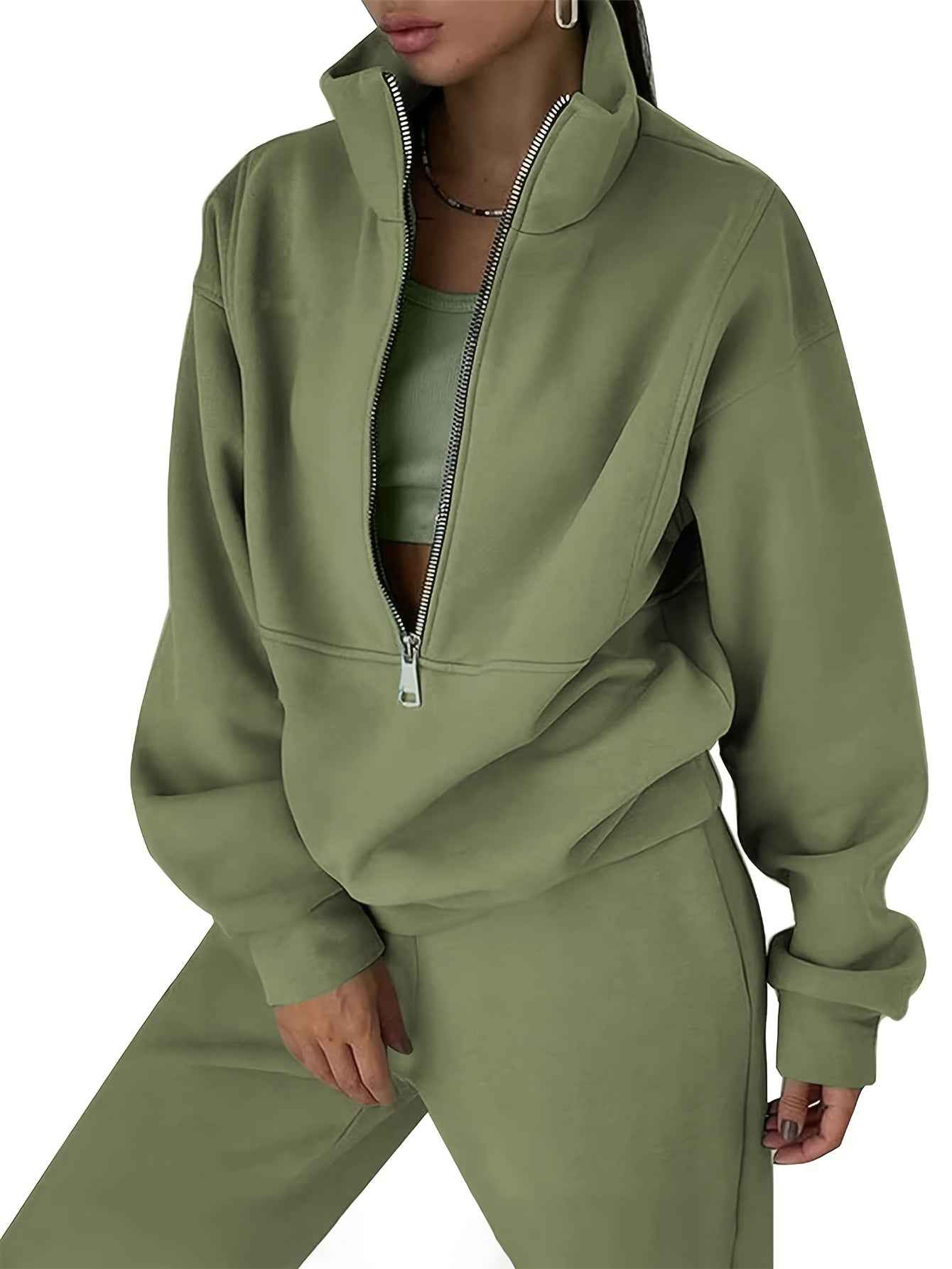 Womens Solid Color Fleece Jogger Set  HalfZip Top  Pants