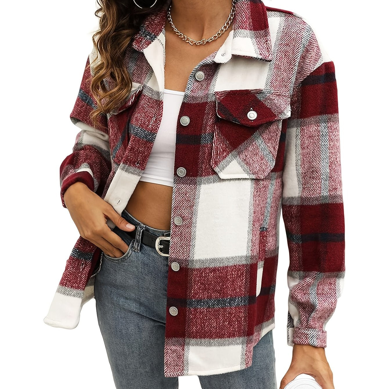 Zimonto - Womens Cozy Plaid Flannel Shacket Soft Fleece Jacket Deep Burgundy