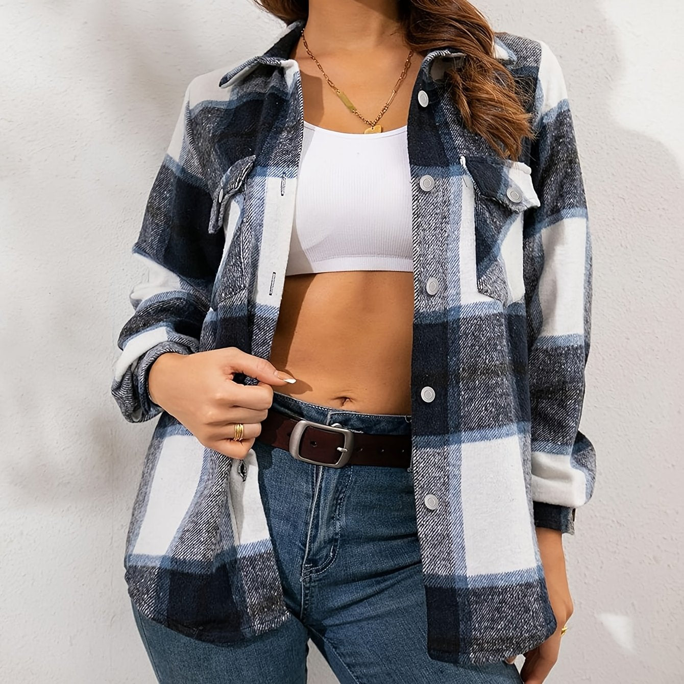 Zimonto - Womens Cozy Plaid Flannel Shacket Soft Fleece Jacket Vibrant Blue