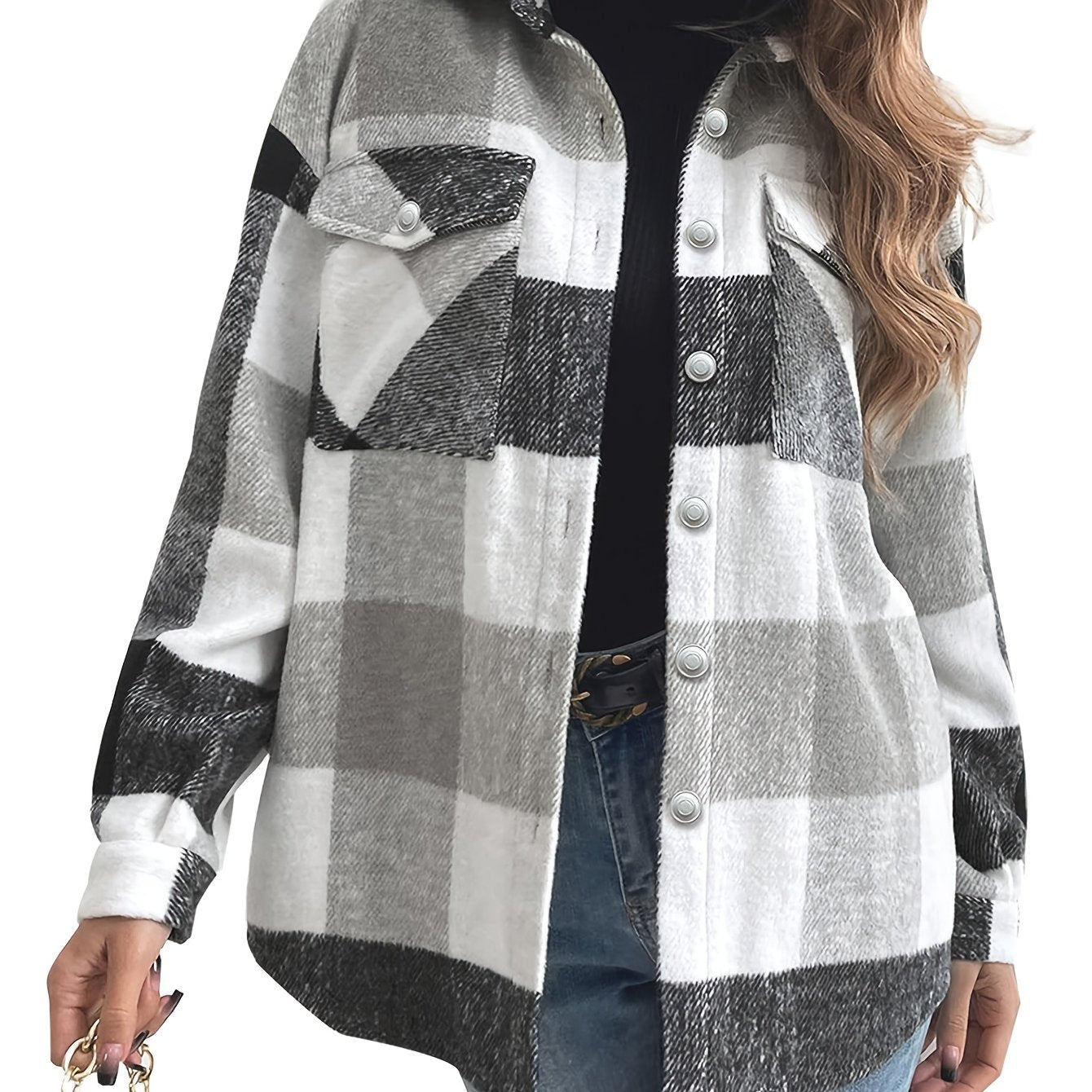 Zimonto - Womens Cozy Plaid Flannel Shacket Soft Fleece Jacket Elegant Grey