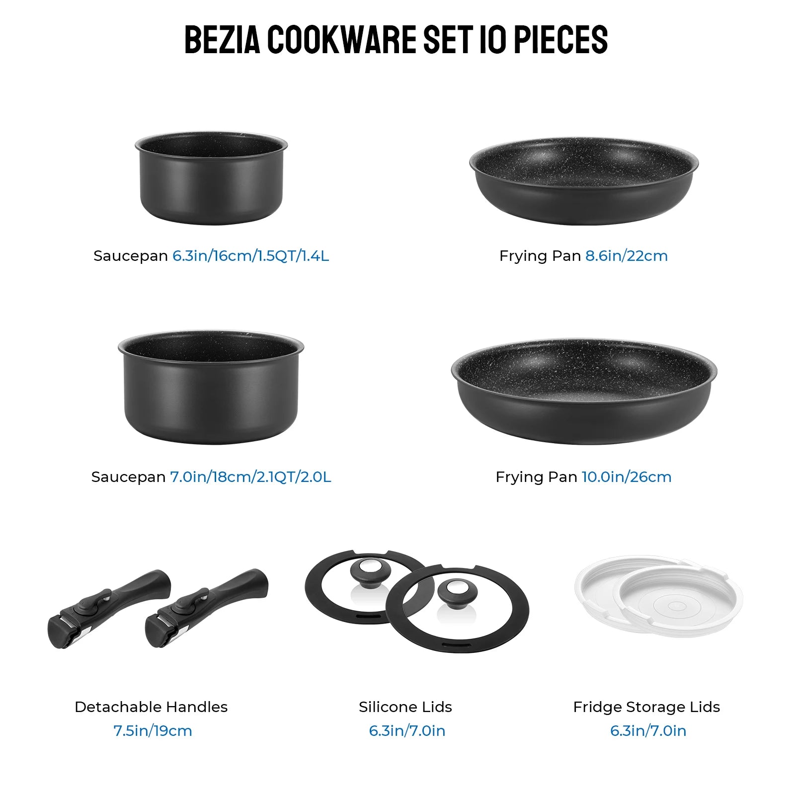 Zimonto - Induction Cookware Set 10 Pieces, Nonstick Pots and Pans Set with Removable Handles, for All Hobs, Stackable Design, Dishwasher/