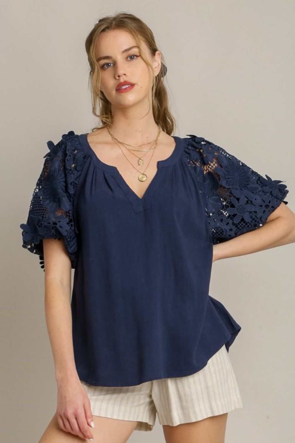 Zimonto - Umgee Full Size French Terry Boxy Cut Top with 3D Floral Sleeve Plus Size Dark Navy