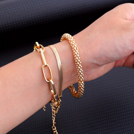 Zimonto - 3Pcs/Set Fashion Thick Chain Link Bracelets Bangles For Men's Vintage Snake Chain Bracelets Set Punk Jewelry Golden