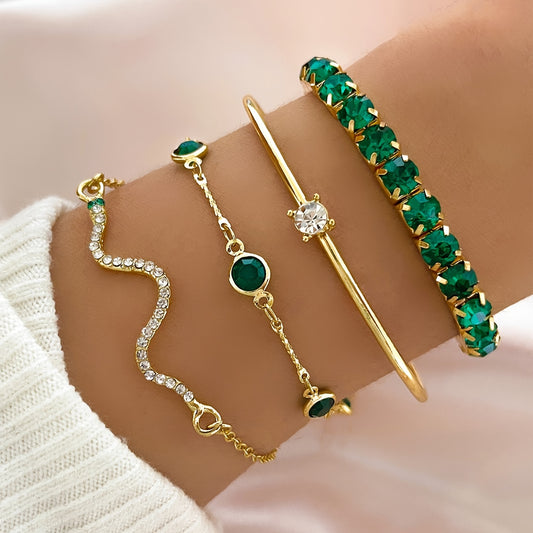 Zimonto - [4pcs Elegant Green Gemstone Bangle] 4pcs/Set Elegant Green Imitation Gemstone Rhinestone Claw Chain Snake Bracelet Open Bangle For Women Golden