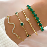 Zimonto - [4pcs Elegant Green Gemstone Bangle] 4pcs/Set Elegant Green Imitation Gemstone Rhinestone Claw Chain Snake Bracelet Open Bangle For Women Golden