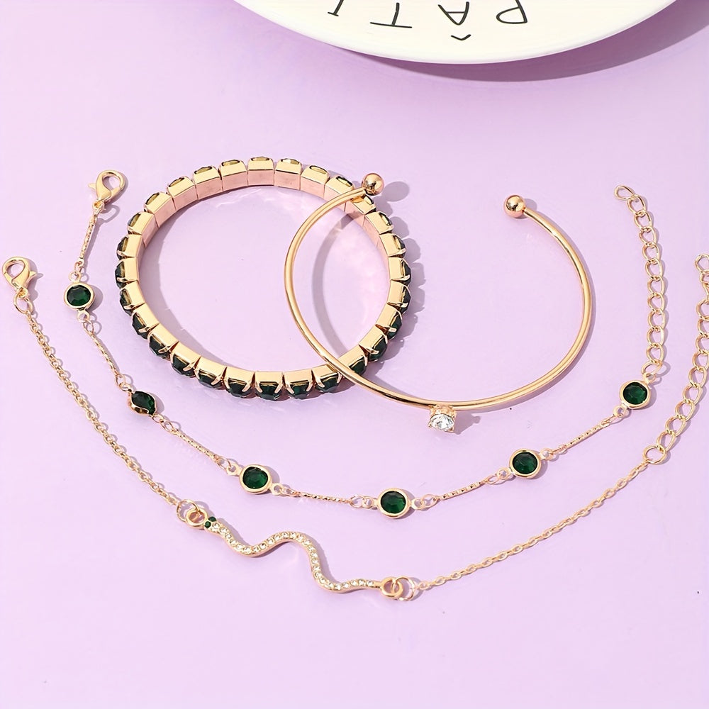 Zimonto - [4pcs Elegant Green Gemstone Bangle] 4pcs/Set Elegant Green Imitation Gemstone Rhinestone Claw Chain Snake Bracelet Open Bangle For Women