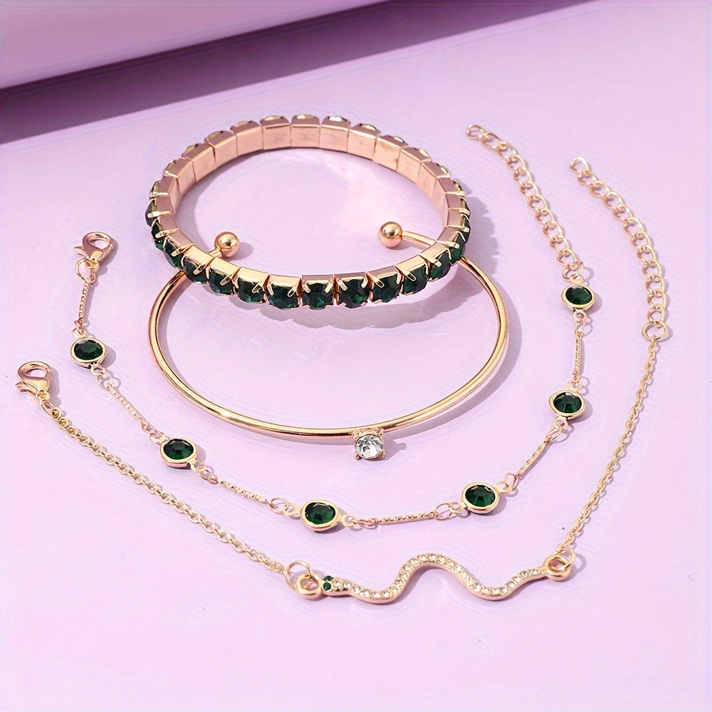 Zimonto - [4pcs Elegant Green Gemstone Bangle] 4pcs/Set Elegant Green Imitation Gemstone Rhinestone Claw Chain Snake Bracelet Open Bangle For Women