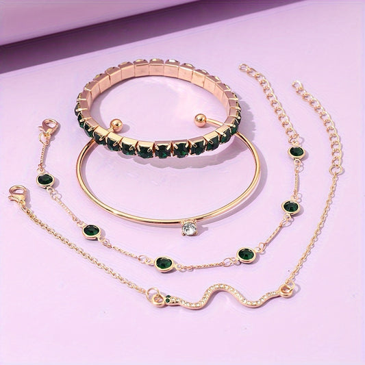 Zimonto - [4pcs Elegant Green Gemstone Bangle] 4pcs/Set Elegant Green Imitation Gemstone Rhinestone Claw Chain Snake Bracelet Open Bangle For Women