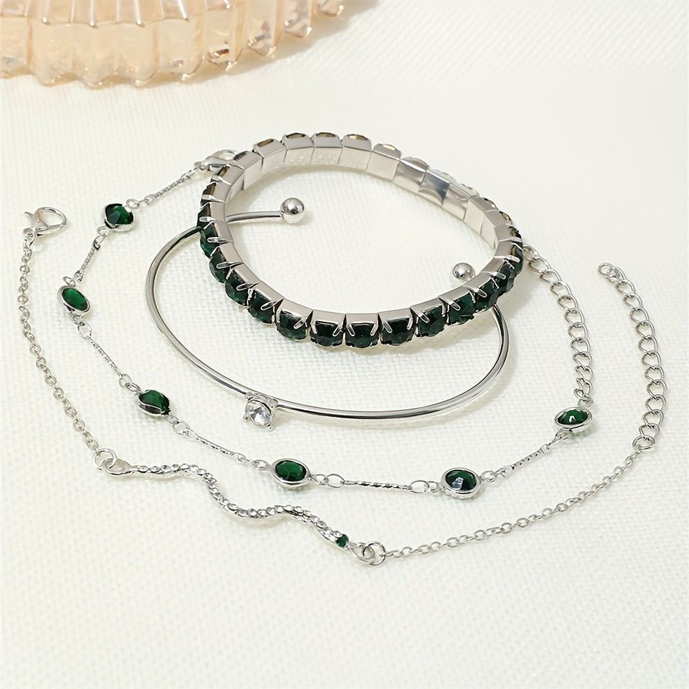 Zimonto - [4pcs Elegant Green Gemstone Bangle] 4pcs/Set Elegant Green Imitation Gemstone Rhinestone Claw Chain Snake Bracelet Open Bangle For Women