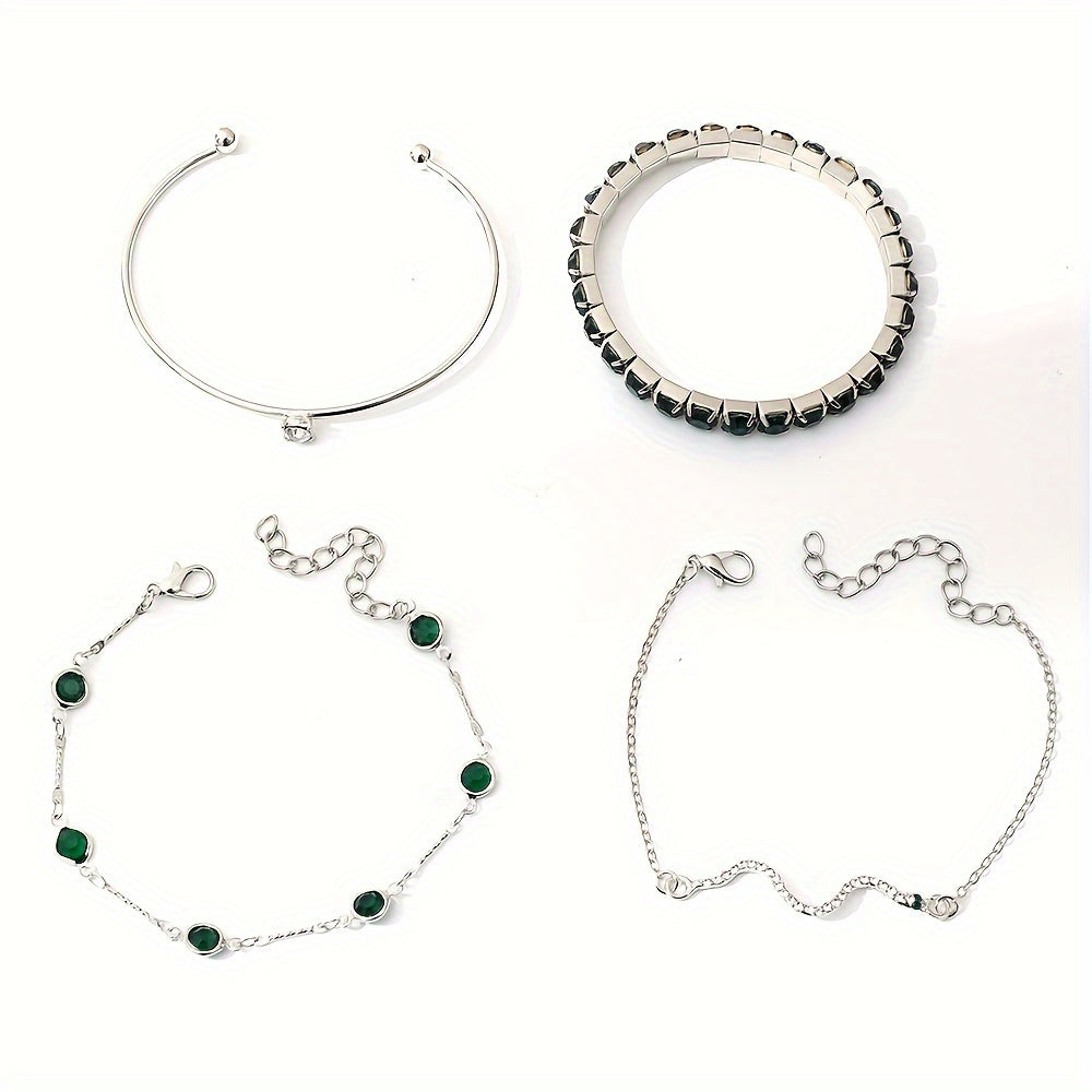 Zimonto - [4pcs Elegant Green Gemstone Bangle] 4pcs/Set Elegant Green Imitation Gemstone Rhinestone Claw Chain Snake Bracelet Open Bangle For Women
