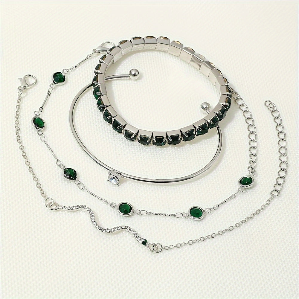 Zimonto - [4pcs Elegant Green Gemstone Bangle] 4pcs/Set Elegant Green Imitation Gemstone Rhinestone Claw Chain Snake Bracelet Open Bangle For Women 【silvery】