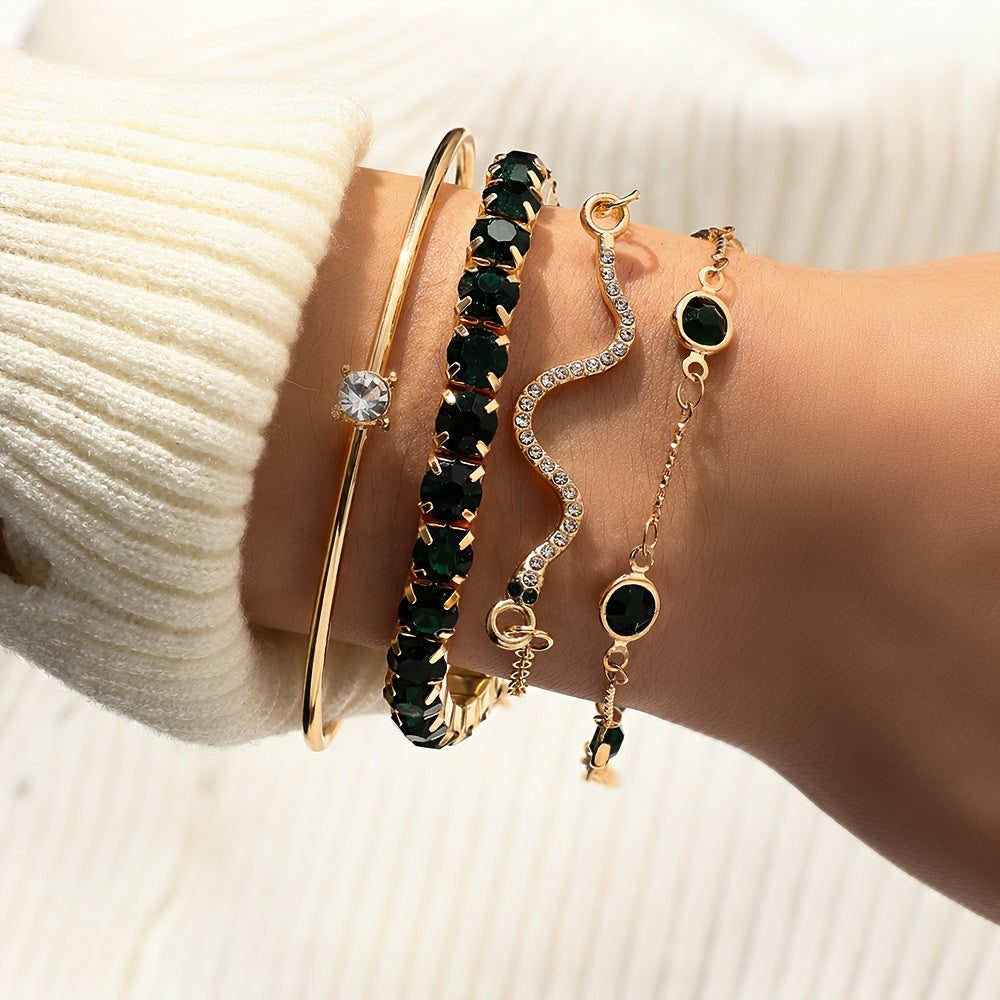 Zimonto - [4pcs Elegant Green Gemstone Bangle] 4pcs/Set Elegant Green Imitation Gemstone Rhinestone Claw Chain Snake Bracelet Open Bangle For Women