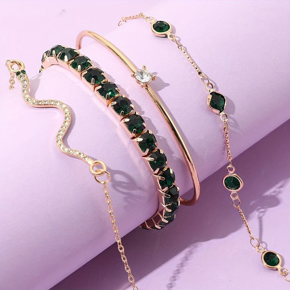 Zimonto - [4pcs Elegant Green Gemstone Bangle] 4pcs/Set Elegant Green Imitation Gemstone Rhinestone Claw Chain Snake Bracelet Open Bangle For Women