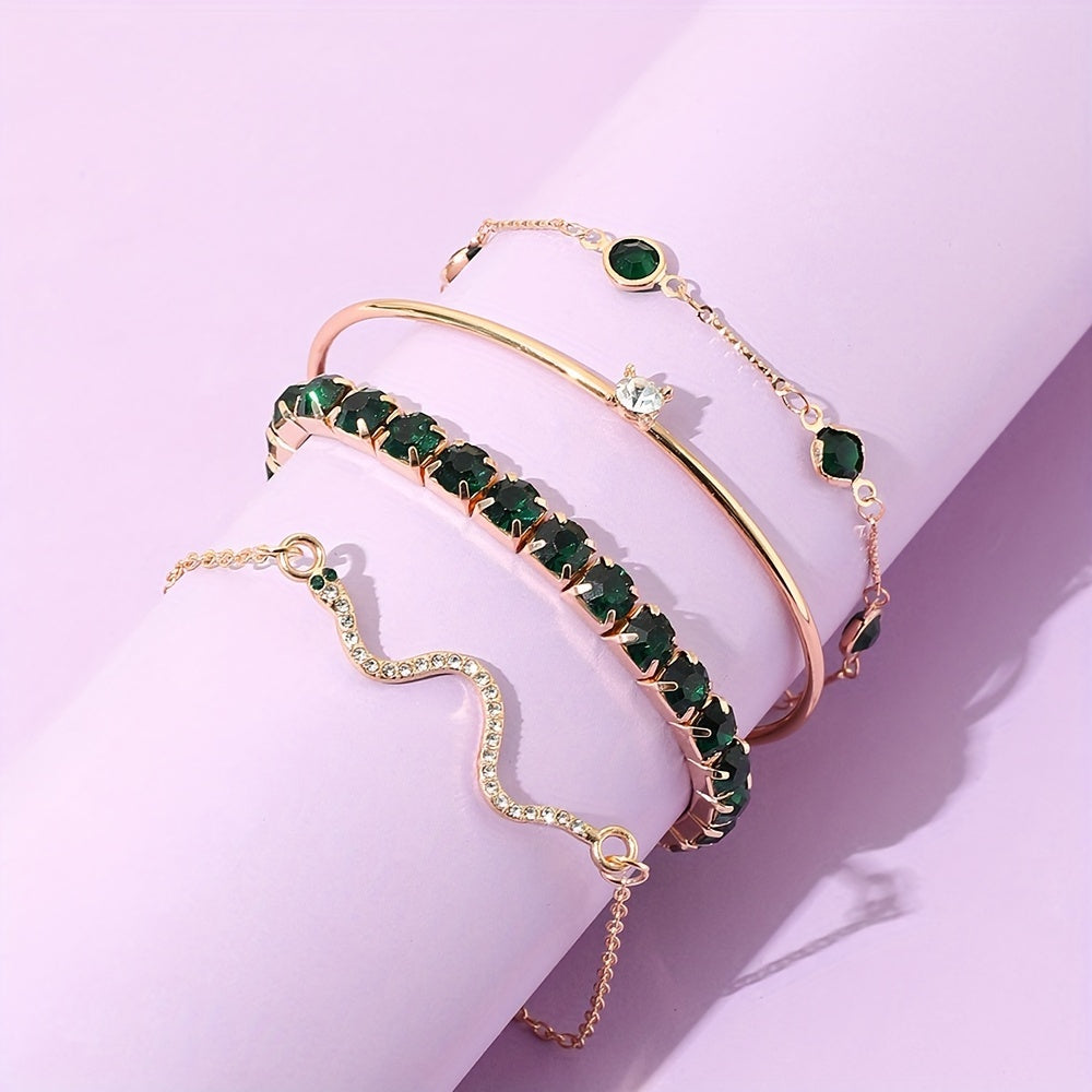 Zimonto - [4pcs Elegant Green Gemstone Bangle] 4pcs/Set Elegant Green Imitation Gemstone Rhinestone Claw Chain Snake Bracelet Open Bangle For Women