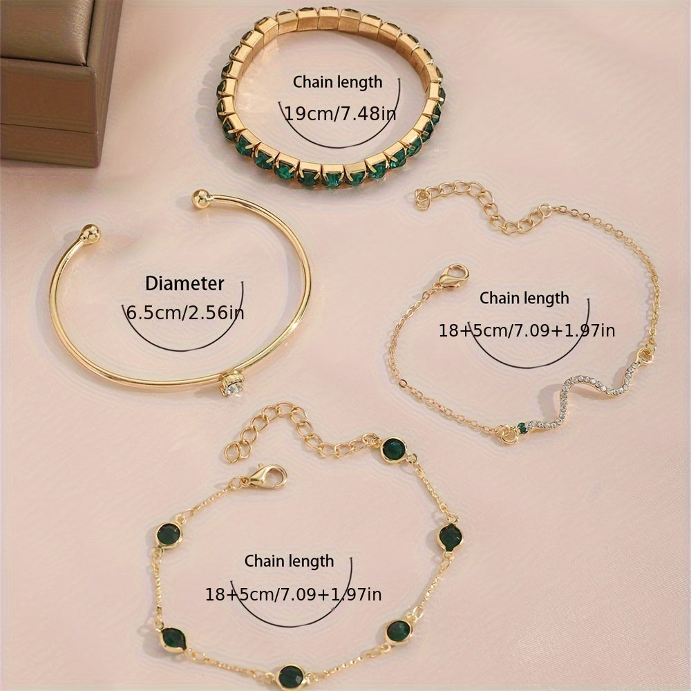 Zimonto - [4pcs Elegant Green Gemstone Bangle] 4pcs/Set Elegant Green Imitation Gemstone Rhinestone Claw Chain Snake Bracelet Open Bangle For Women