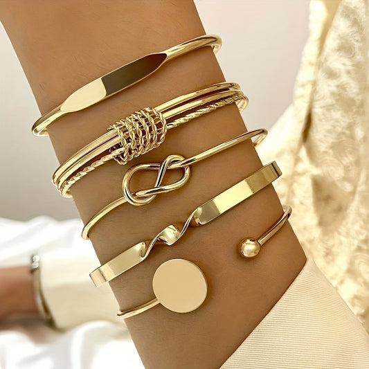 Zimonto - 5 Pieces Vintage Elegant Simple Geometric Twisted Glossy Open Bangle Set Women's Daily Match Attend Party Vacation Dating Holiday Gift Golden