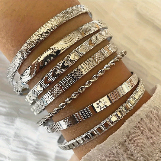 Zimonto - 7 Pcs Set Of Unique Bracelet Alloy Jewelry Hammered Pattern Arrow Love Exaggerated Personality Female Hand Jewelry Set 【silvery】