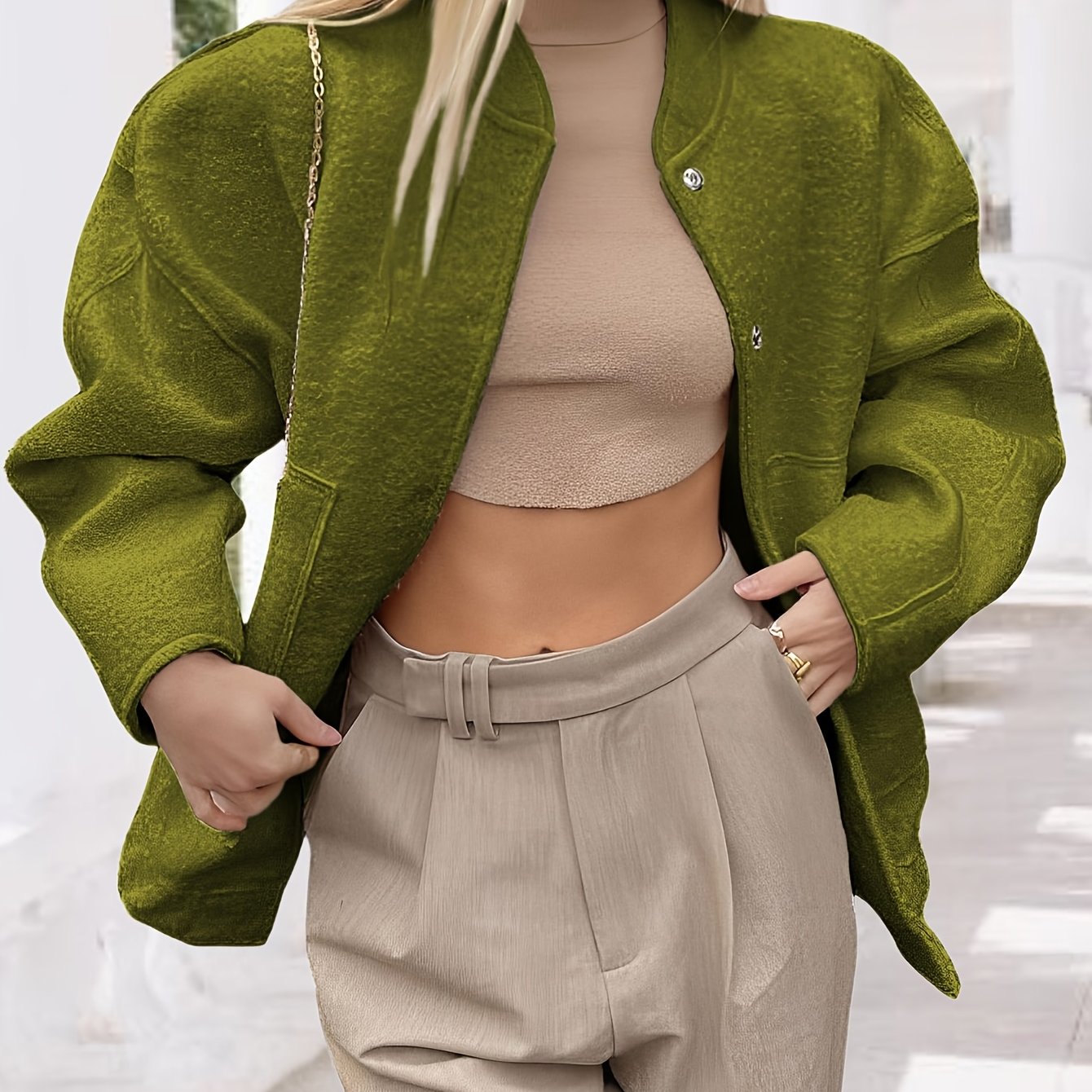 Zimonto - Womens Cozy Fleece Bomber Jacket with Pockets Army Green