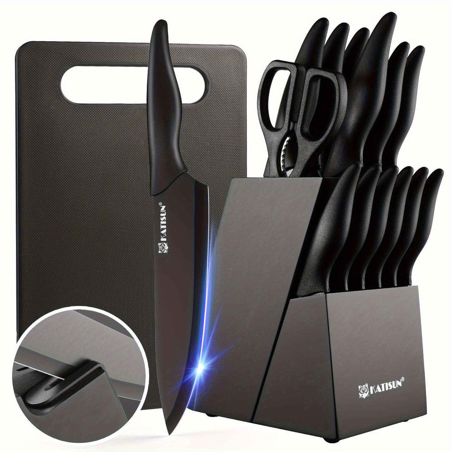 15-Piece Professional Black Kitchen Knife Set with Stainless Steel Blades and Stylish Block
