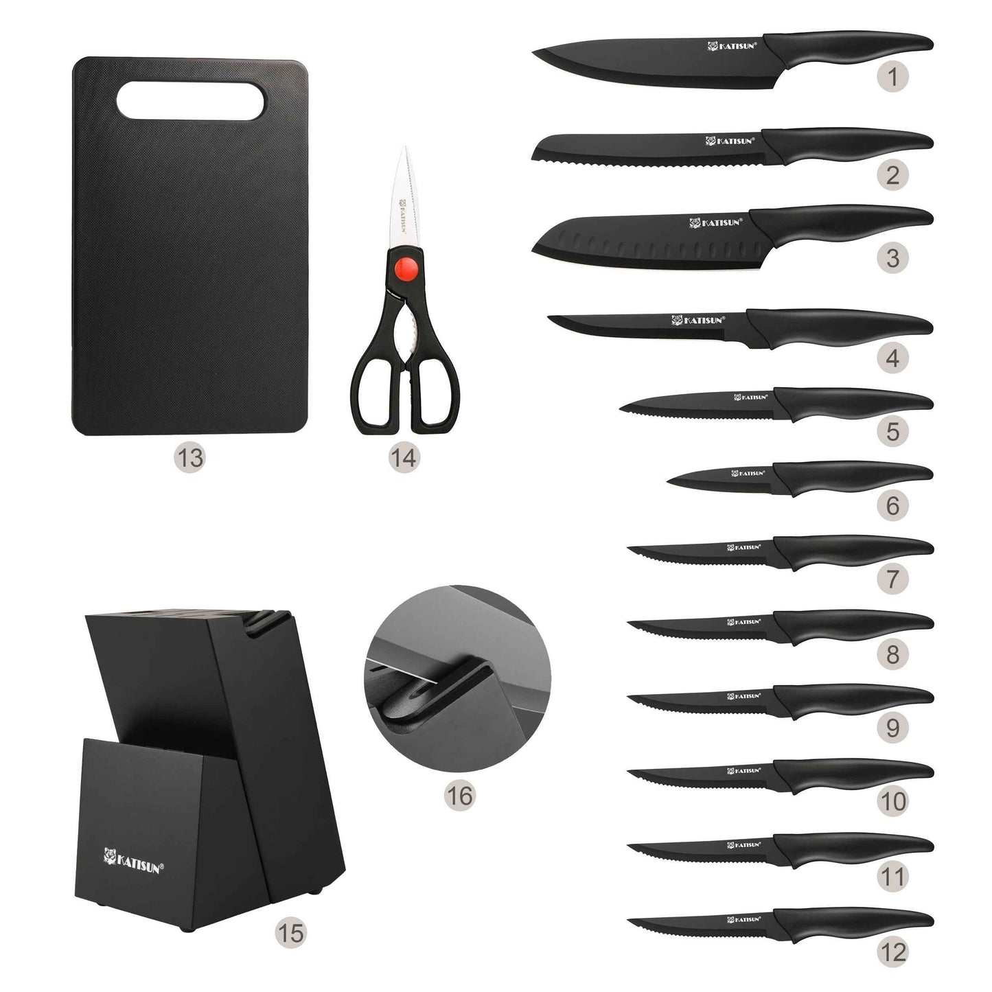 15-Piece Professional Black Kitchen Knife Set with Stainless Steel Blades and Stylish Block