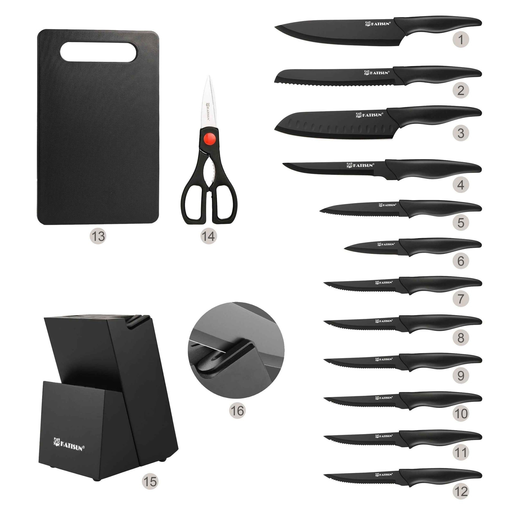 15-Piece Professional Black Kitchen Knife Set with Stainless Steel Blades and Stylish Block