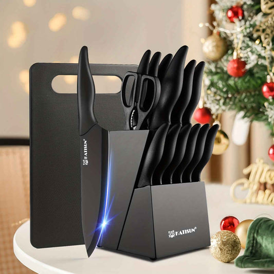 15-Piece Professional Black Kitchen Knife Set with Stainless Steel Blades and Stylish Block
