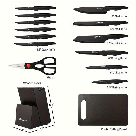 15-Piece Professional Black Kitchen Knife Set With Stainless Steel Blades And Stylish Storage Block