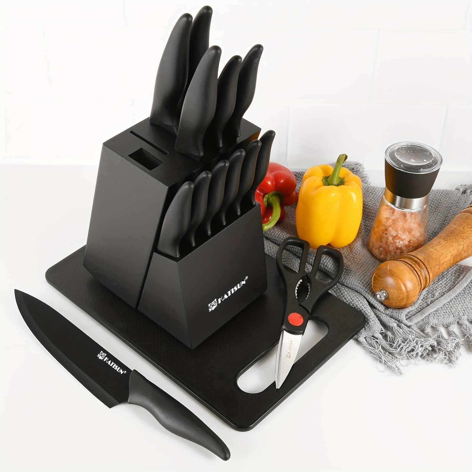 15-Piece Professional Black Kitchen Knife Set With Stainless Steel Blades And Stylish Storage Block