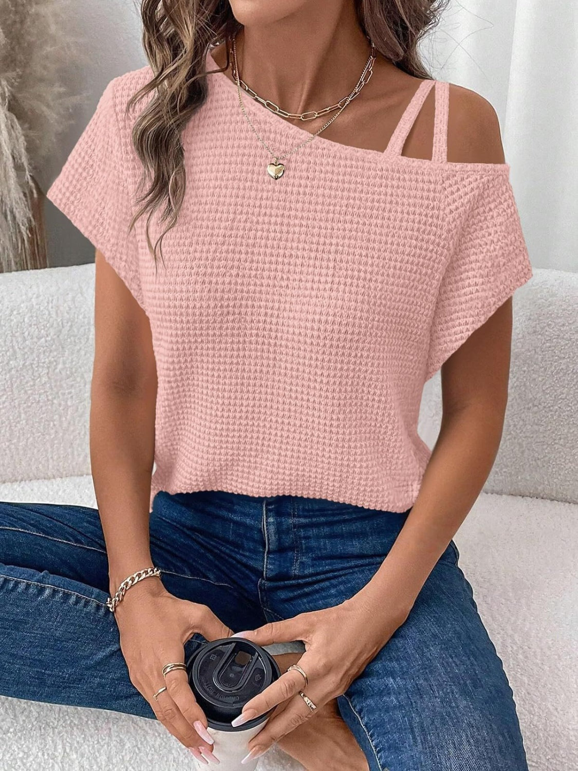 Zimonto - Asymmetrical Neck Short Sleeve T-Shirt