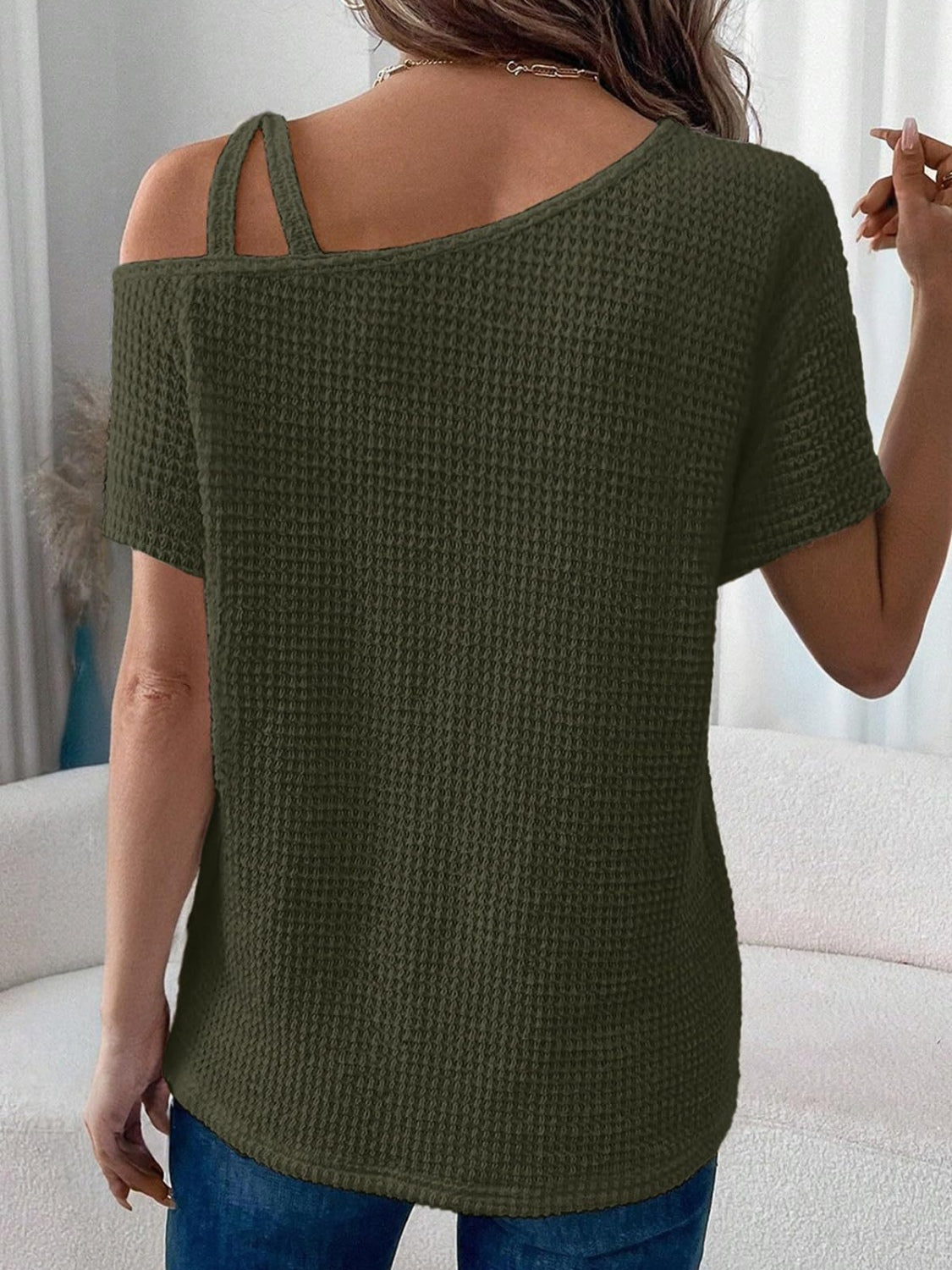Zimonto - Asymmetrical Neck Short Sleeve T-Shirt