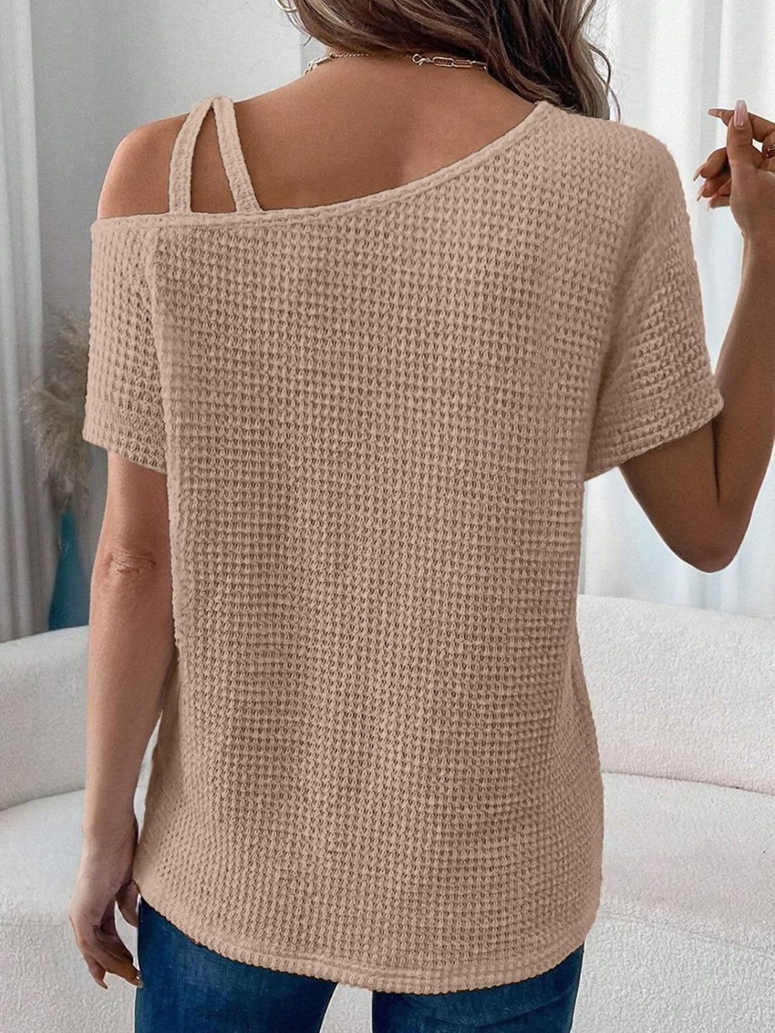 Zimonto - Asymmetrical Neck Short Sleeve T-Shirt