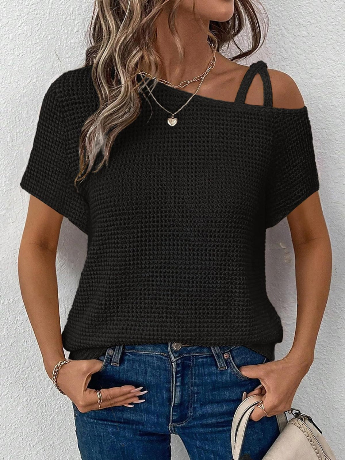 Zimonto - Asymmetrical Neck Short Sleeve T-Shirt