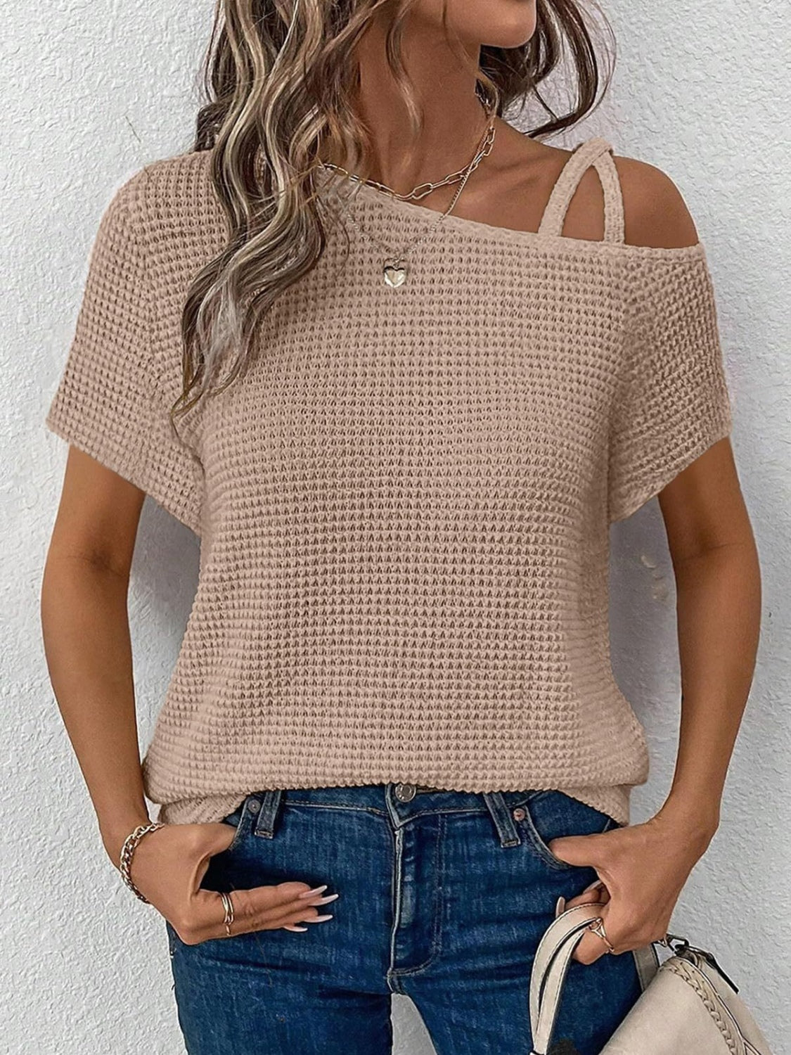 Zimonto - Asymmetrical Neck Short Sleeve T-Shirt