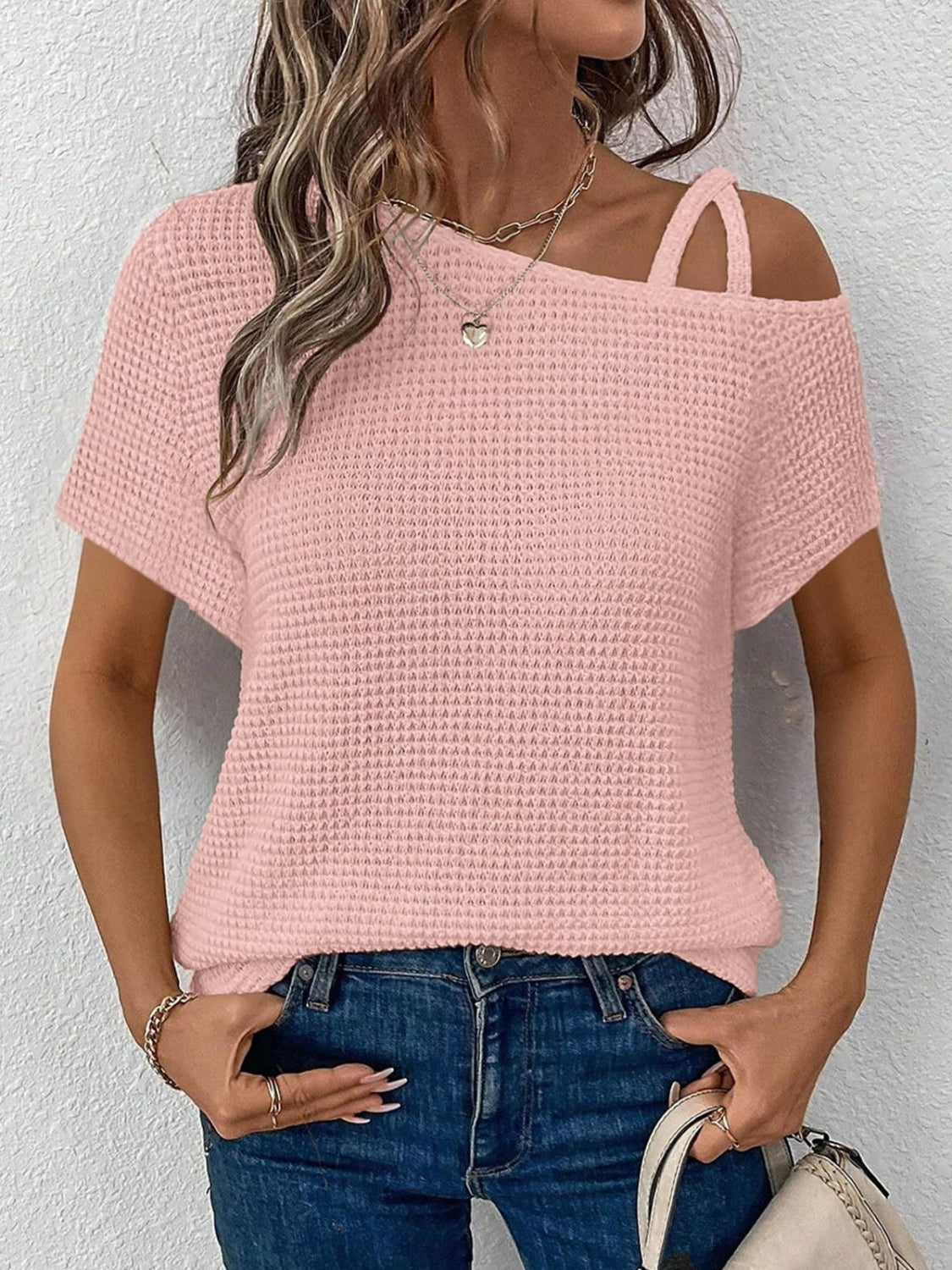 Zimonto - Asymmetrical Neck Short Sleeve T-Shirt Blush Pink