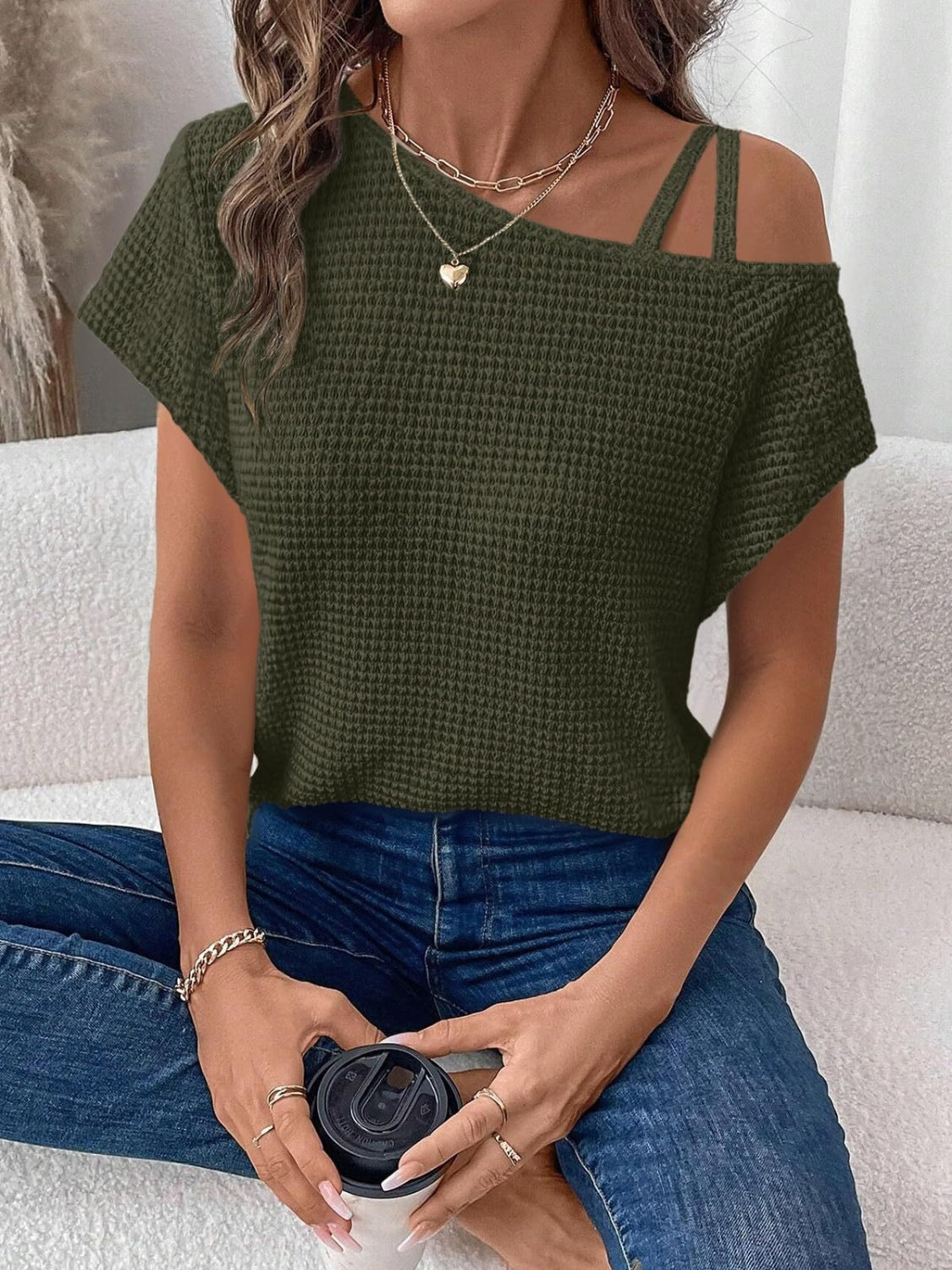 Zimonto - Asymmetrical Neck Short Sleeve T-Shirt
