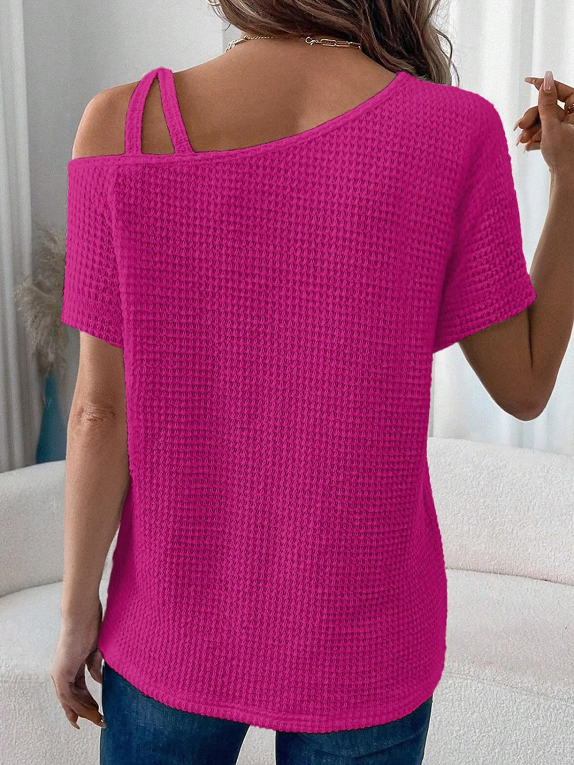 Zimonto - Asymmetrical Neck Short Sleeve T-Shirt