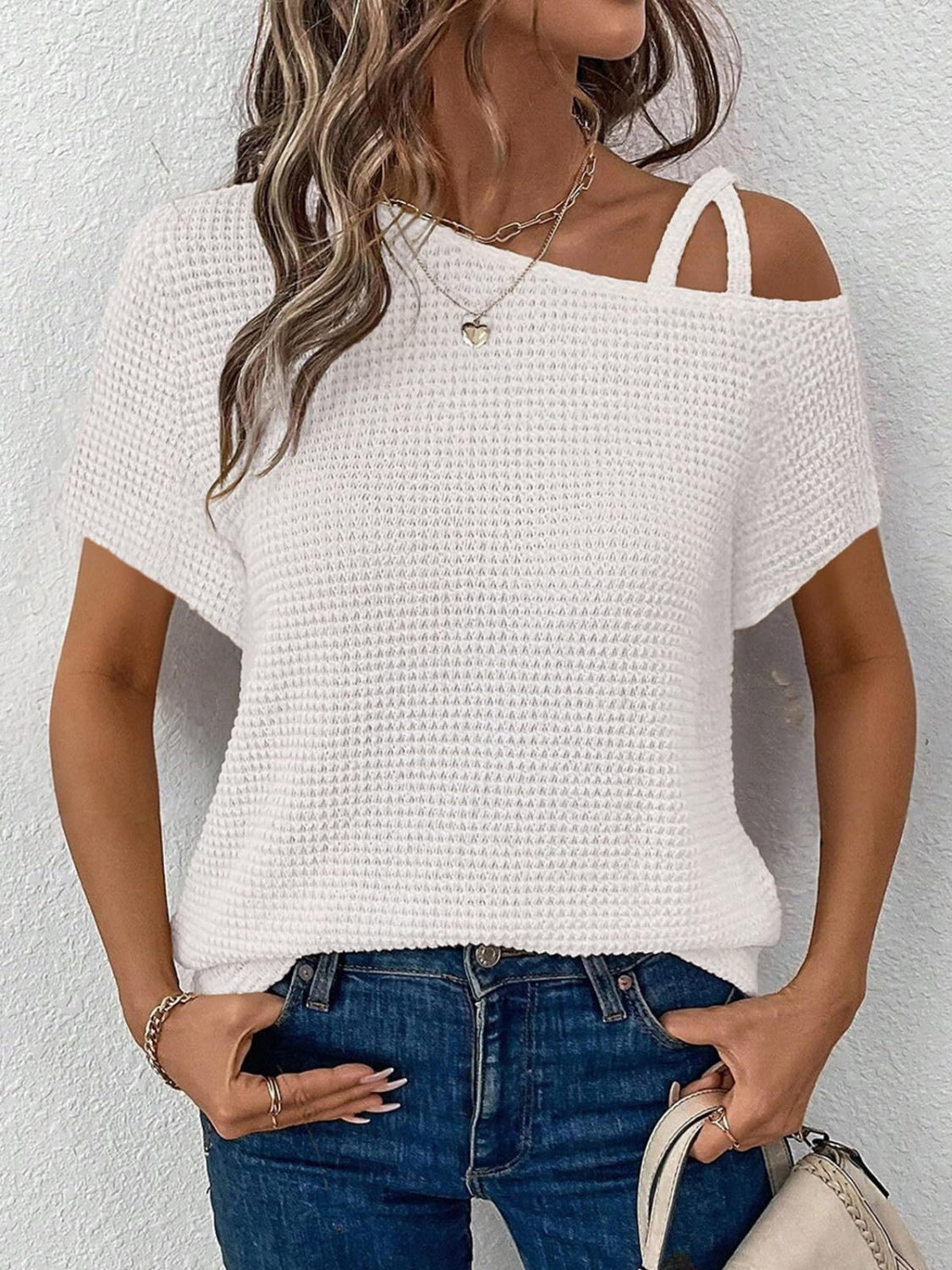 Zimonto - Asymmetrical Neck Short Sleeve T-Shirt