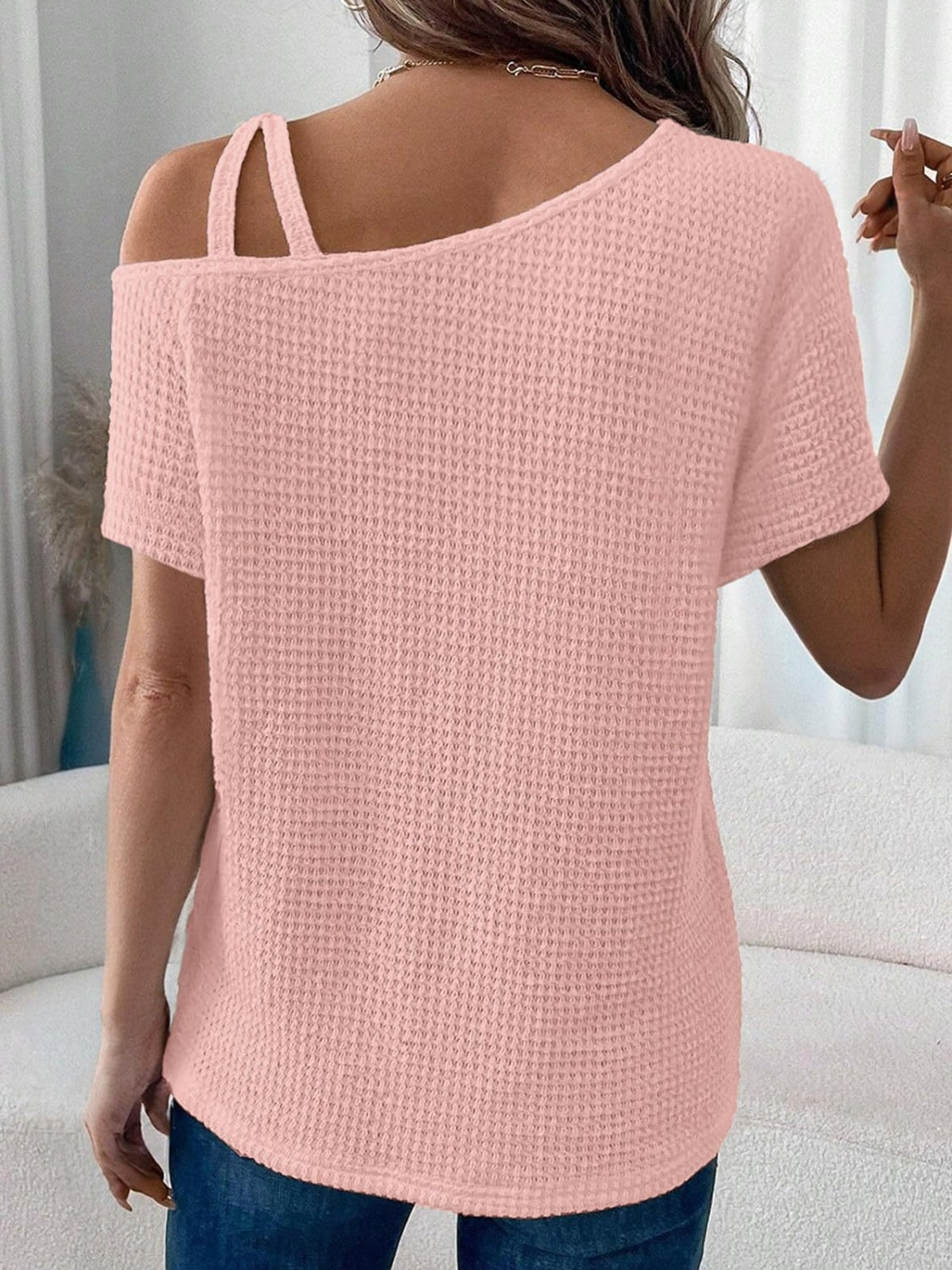 Zimonto - Asymmetrical Neck Short Sleeve T-Shirt
