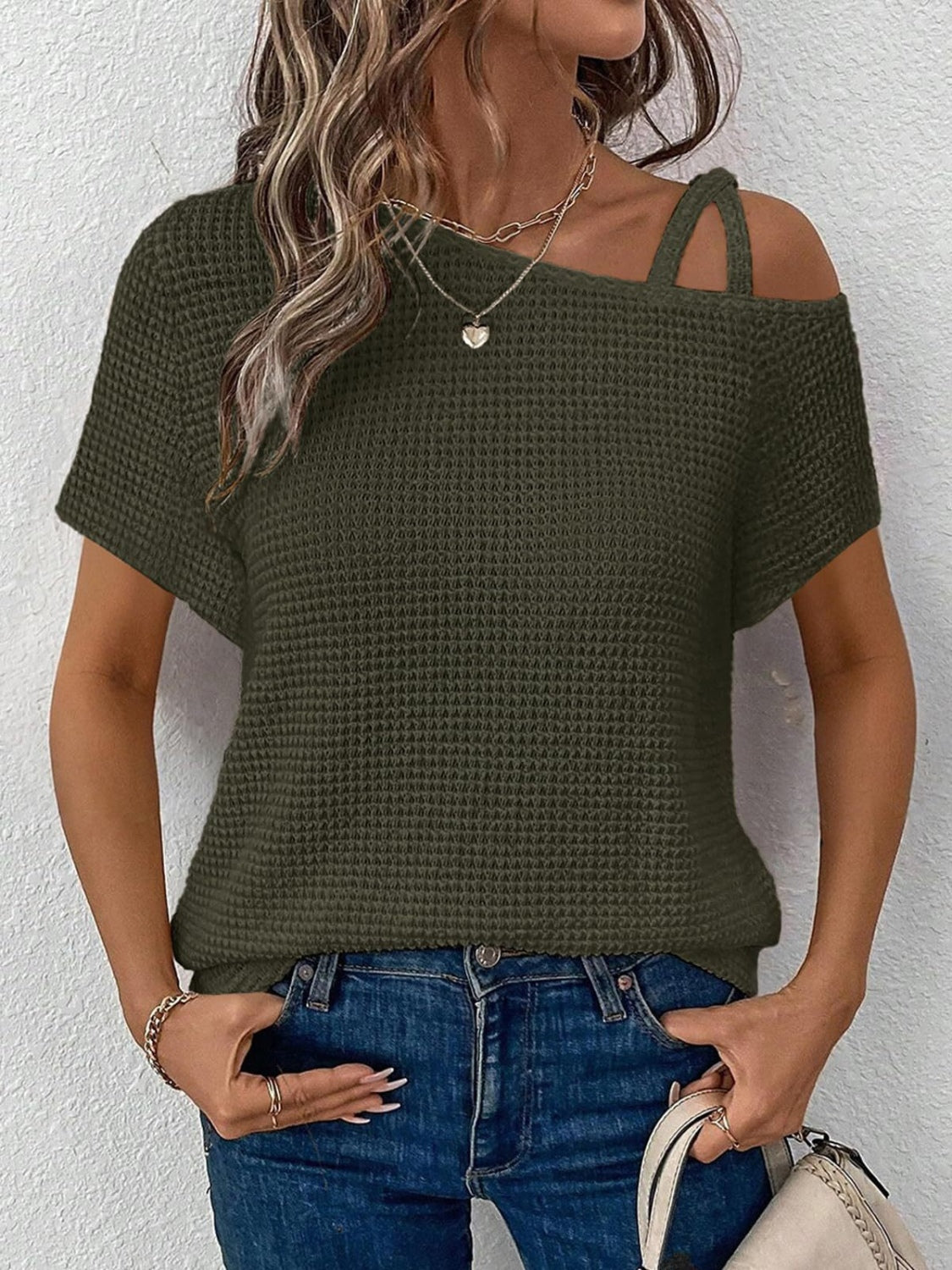 Zimonto - Asymmetrical Neck Short Sleeve T-Shirt Army Green