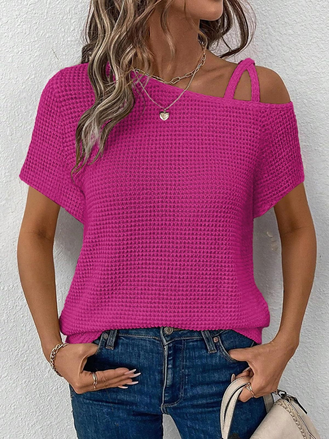 Zimonto - Asymmetrical Neck Short Sleeve T-Shirt