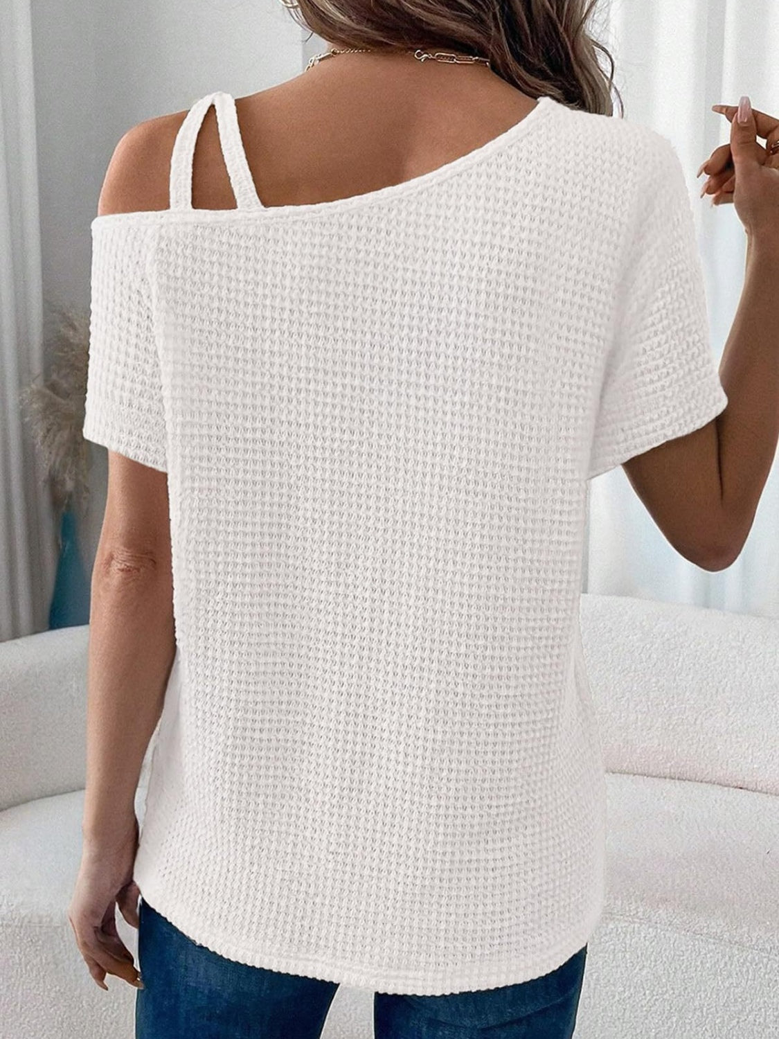 Zimonto - Asymmetrical Neck Short Sleeve T-Shirt White