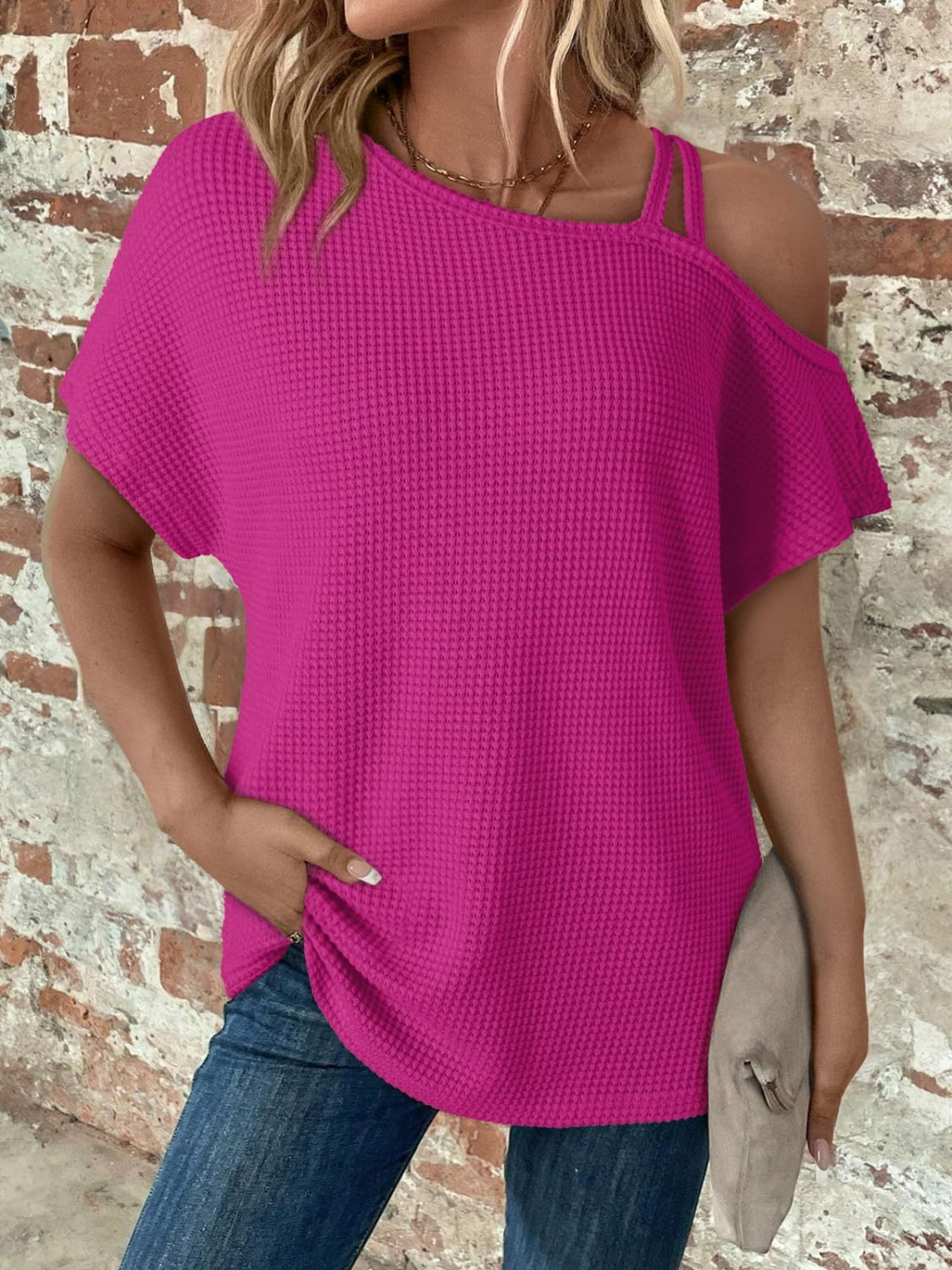 Zimonto - Asymmetrical Neck Short Sleeve T-Shirt Hot Pink